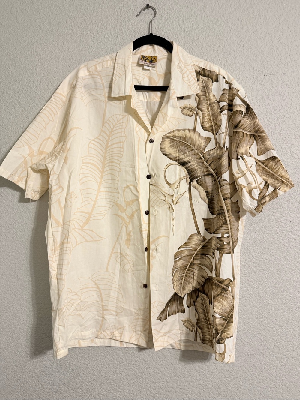 Men's Tropical Camp Shirt - Cream with Brown Leaf Print